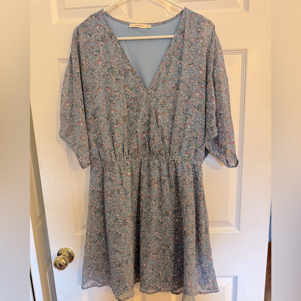 Floral Blue V-Neck Dress